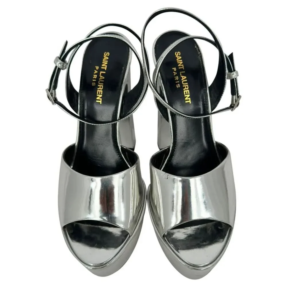 Saint Laurent Jodie Platform Sandals in Metallic Silver Patent Leather